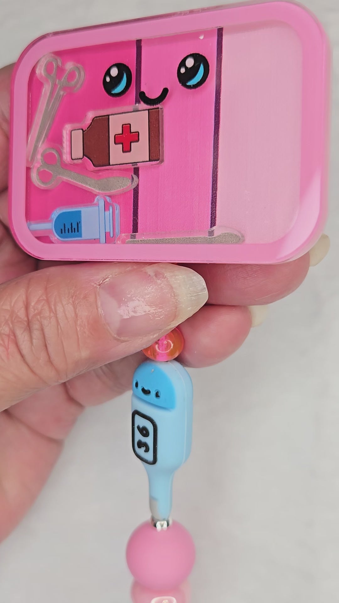 Pink & Blue Shaker Badge Reel with Thermometer Bead, Retractable ID Holder with Plastic Badge Sleeve