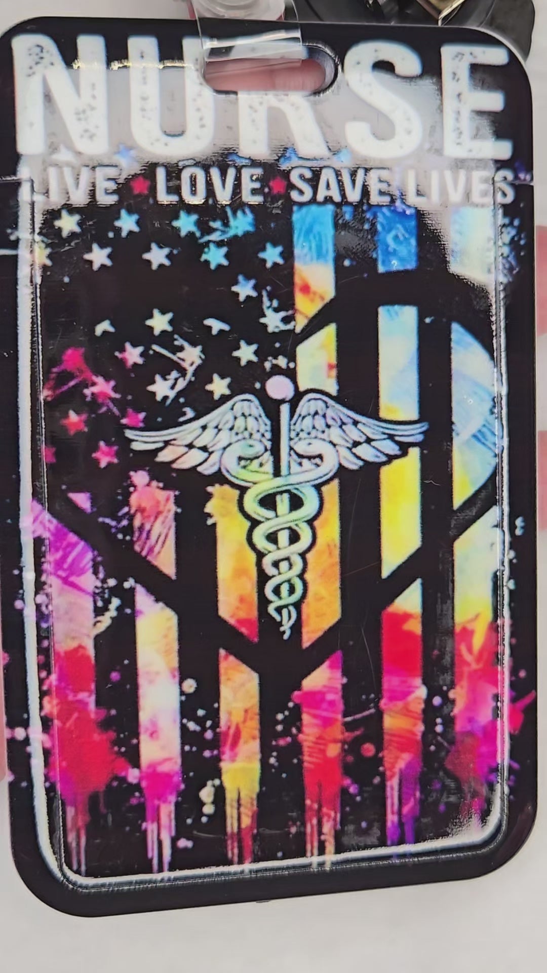 Black Neon Heart Badge Reel, Retractable RN & LPN ID Holder