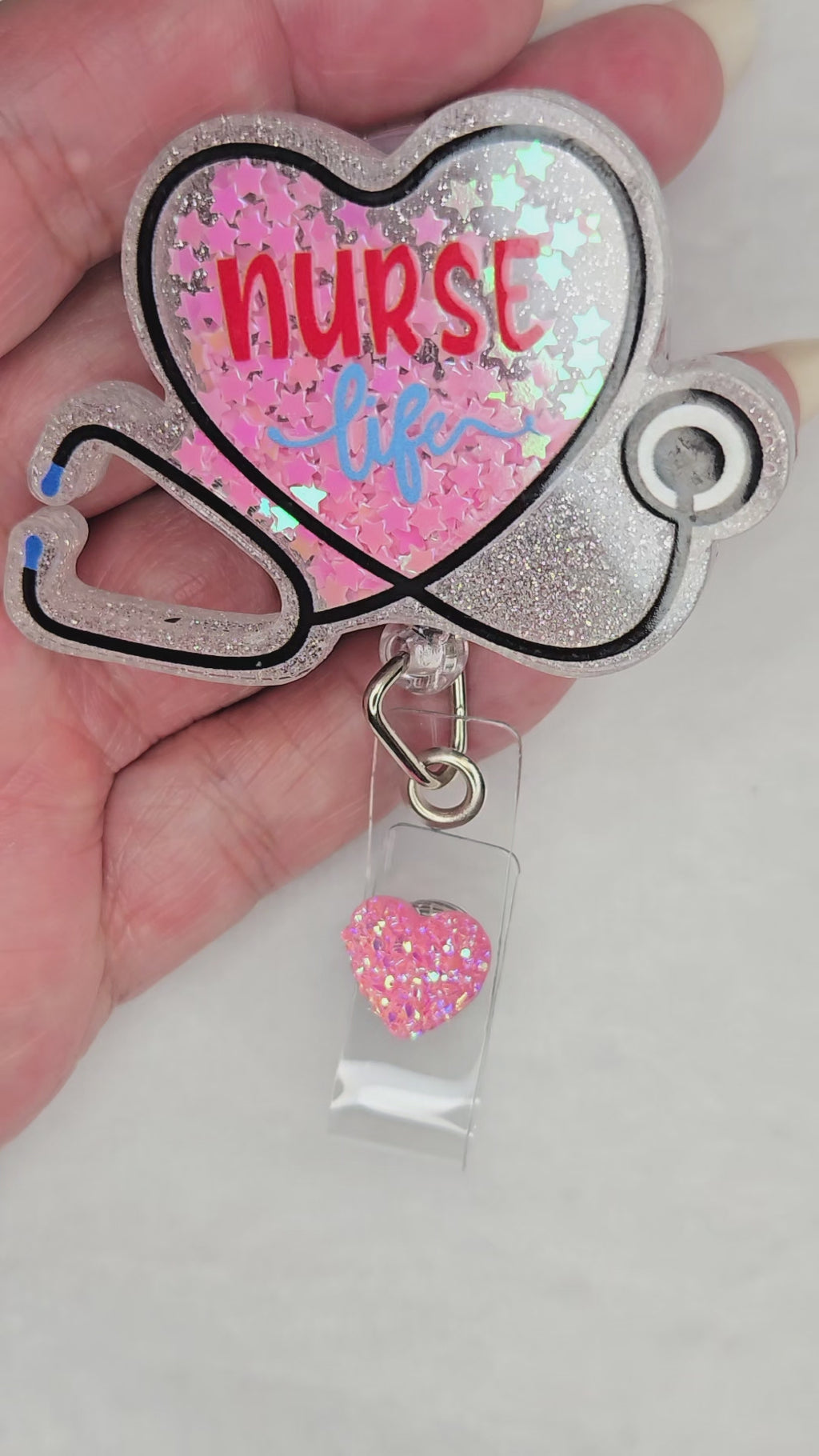 Nurse Life Heart Shaker Badge Reel, Pink, Sparkly, Stethoscope, Retractable Nurse ID Holder