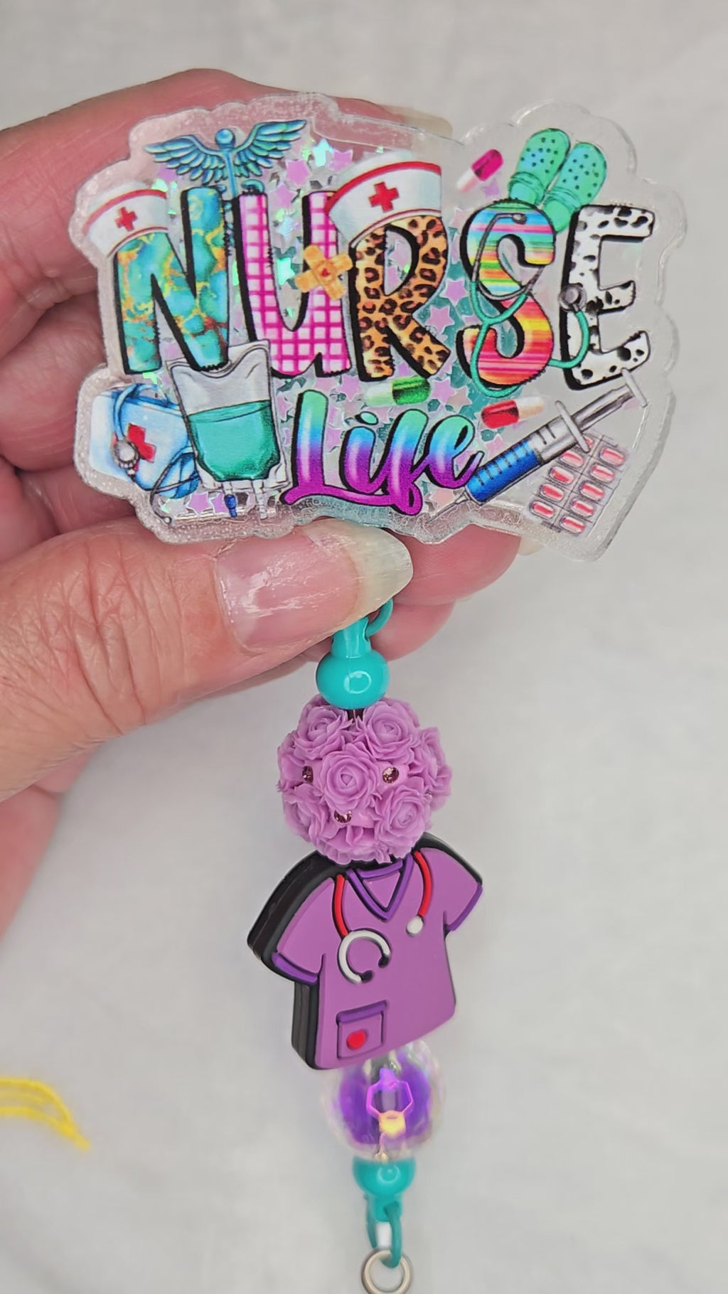 Nurse Life Badge Reel, Purple Glitter & Rainbow Beaded Retractable ID Holder