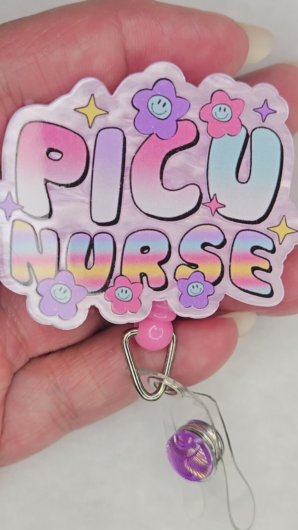 PICU Nurse Badge Reel, Pink and Purple Retractable ID Holder for Pediatric ICU Nurses