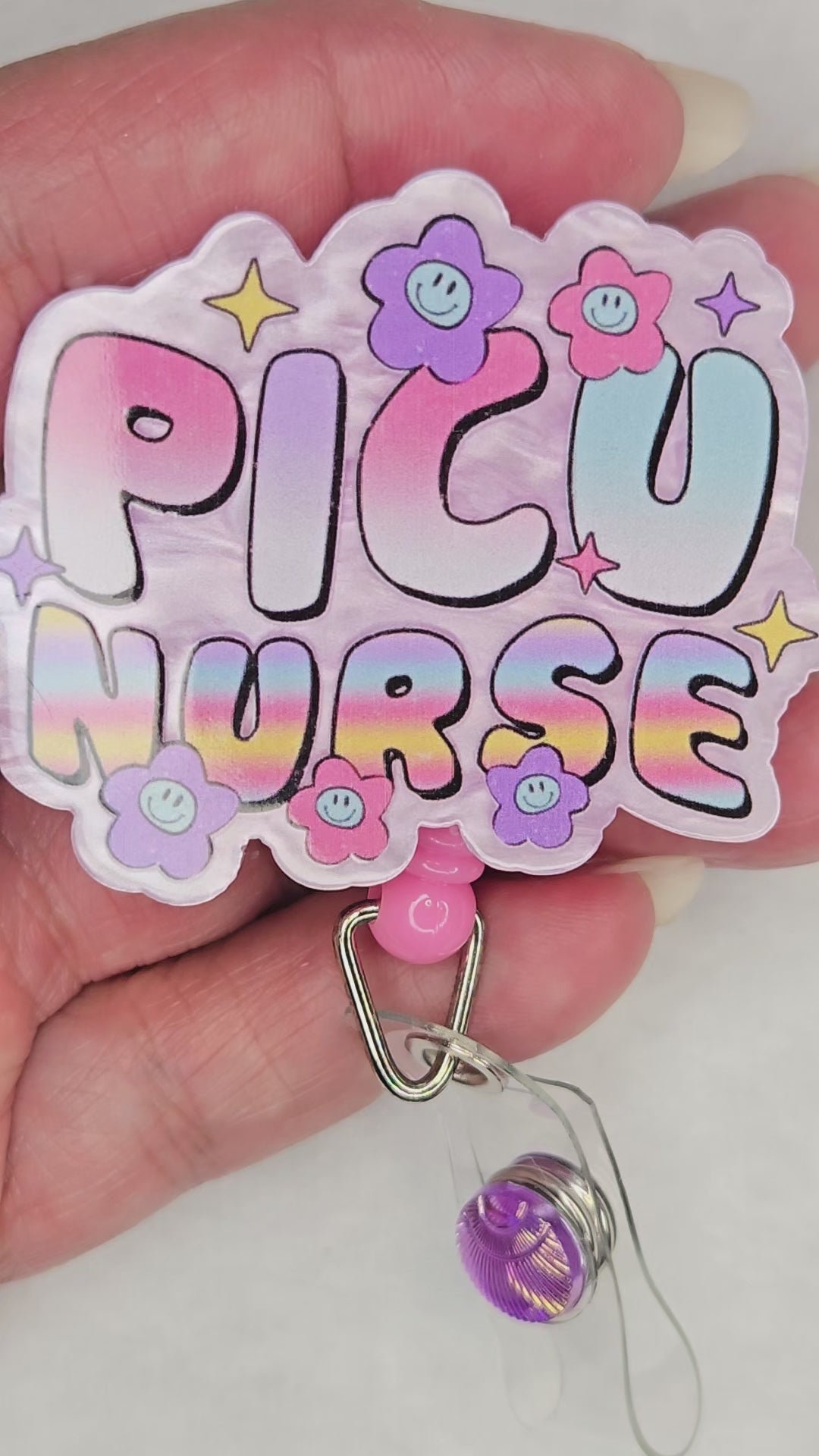 PICU Nurse Badge Reel, Pink and Purple Retractable ID Holder for Pediatric ICU Nurses