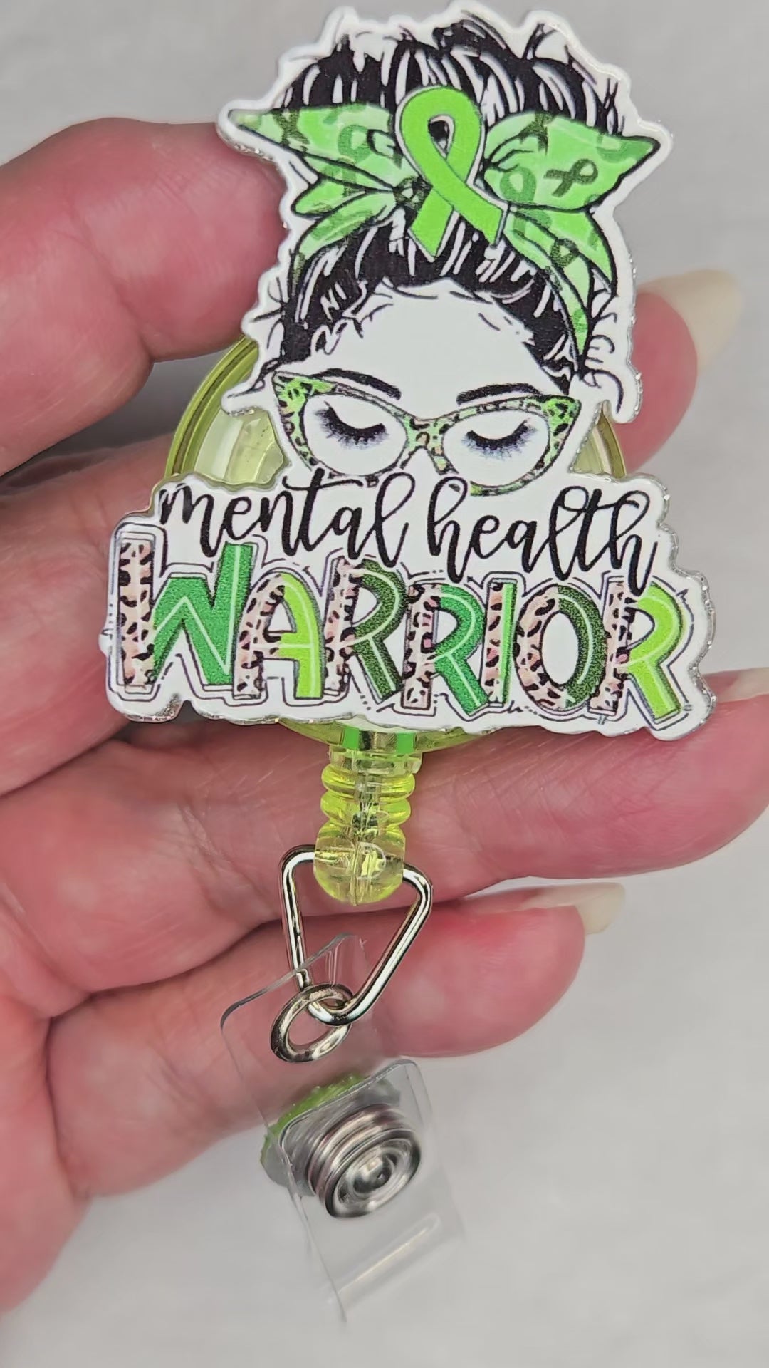 Mental Health Warrior Badge Reel, Green Retractable ID Holder for Behavioral Health Professionals