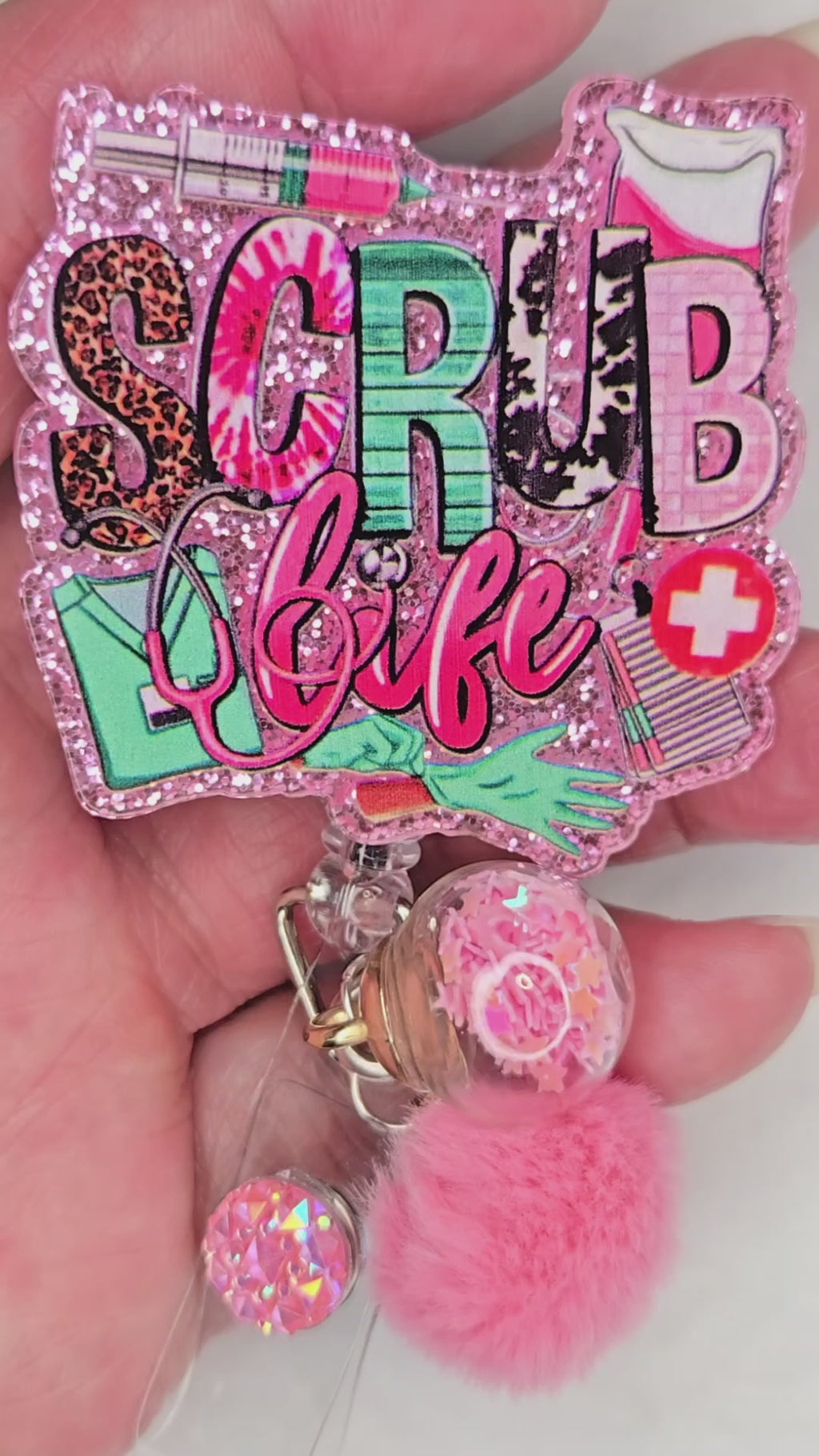 Scrub Life Badge Reel, Pink & Green Shaker Bead Retractable ID Holder