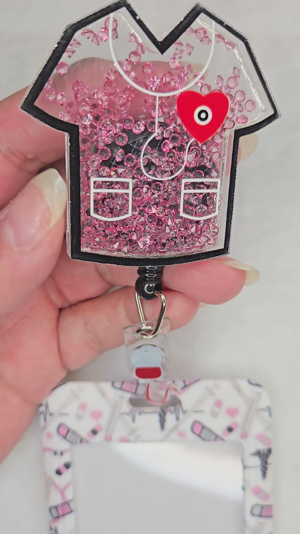 Pink Glitter Scrub Top Shaker Badge Reel,  Retractable ID Holder with Badge Sleeve for Healthcare Workers
