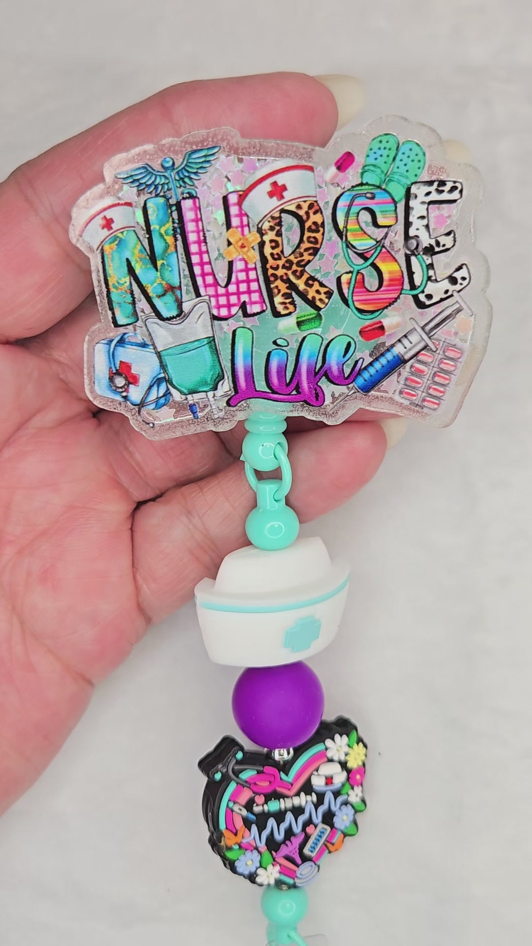 Tiffany Blue Nurse Life Badge Reel, Retractable ID Holder with Nurse Hat, Heart Charm, & Nurse Statement Piece