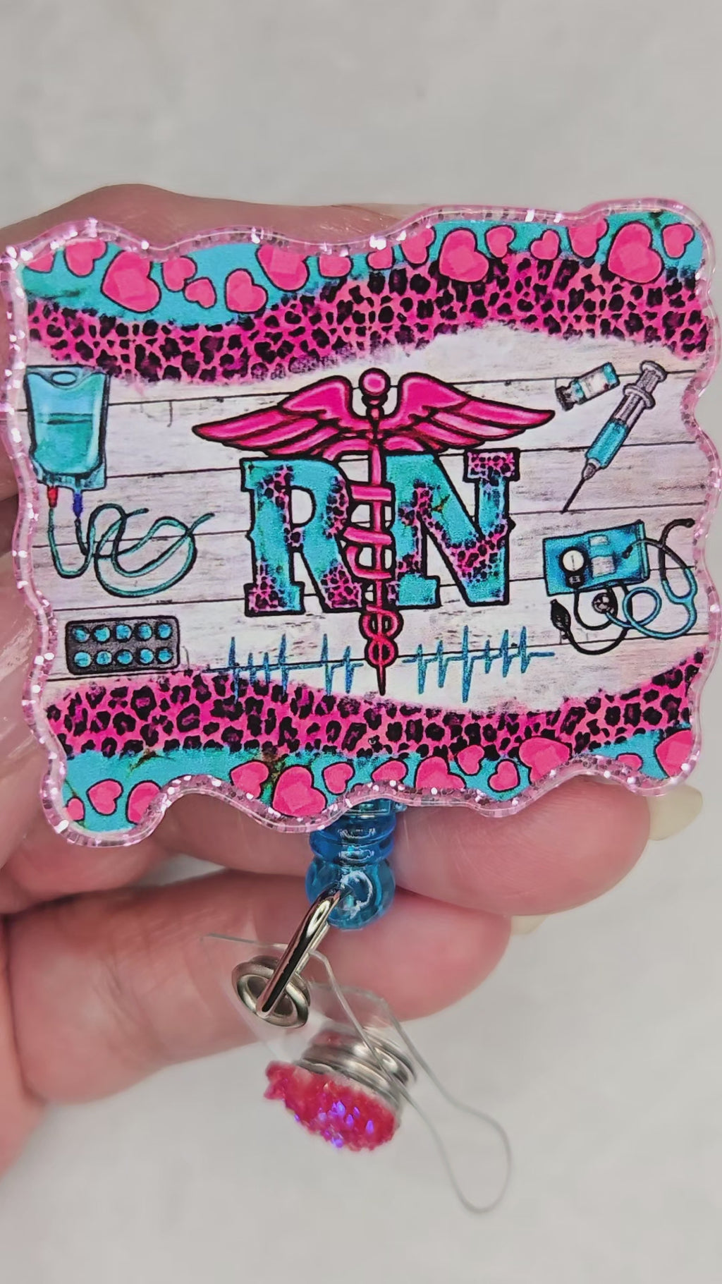 Turquoise & Hot Pink RN Badge Reel, Retractable Registered Nurse ID Holder