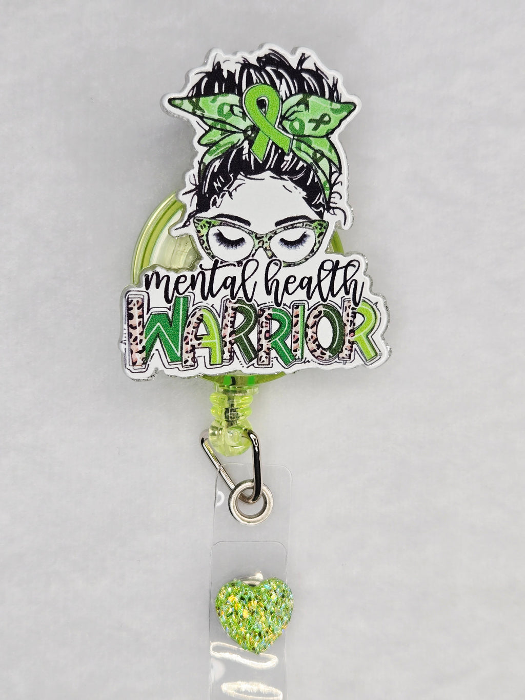 Mental Health Warrior Badge Reel, Green Retractable ID Holder for Behavioral Health Professionals