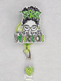 Mental Health Warrior Badge Reel, Green Retractable ID Holder for Behavioral Health Professionals