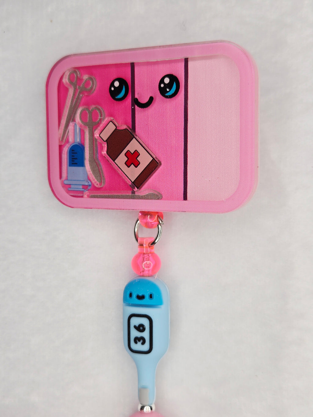 Pink & Blue Shaker Badge Reel with Thermometer Bead, Retractable ID Holder with Plastic Badge Sleeve