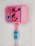 Pink & Blue Shaker Badge Reel with Thermometer Bead, Retractable ID Holder with Plastic Badge Sleeve