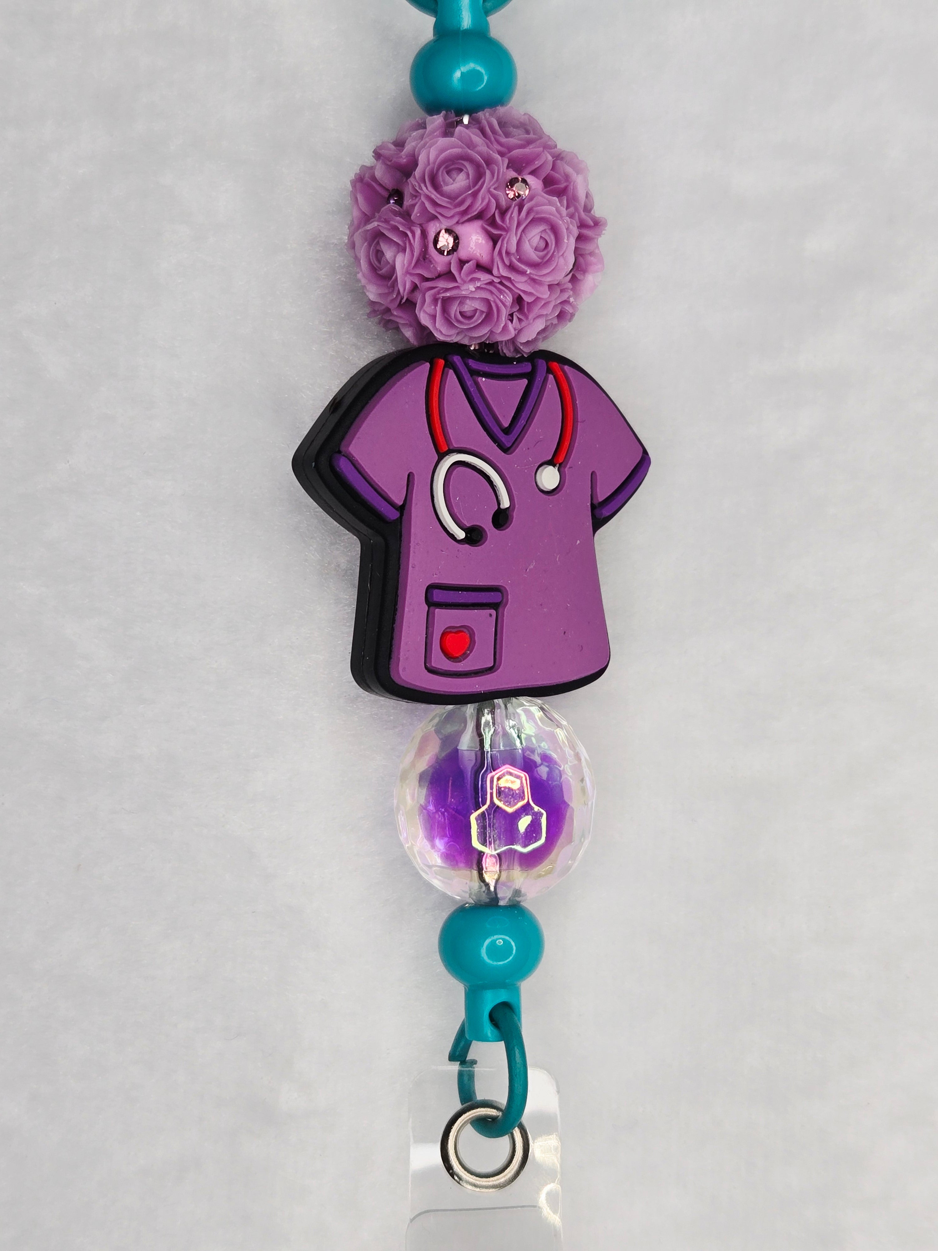 Nurse Life Badge Reel, Purple Glitter & Rainbow Beaded Retractable ID Holder