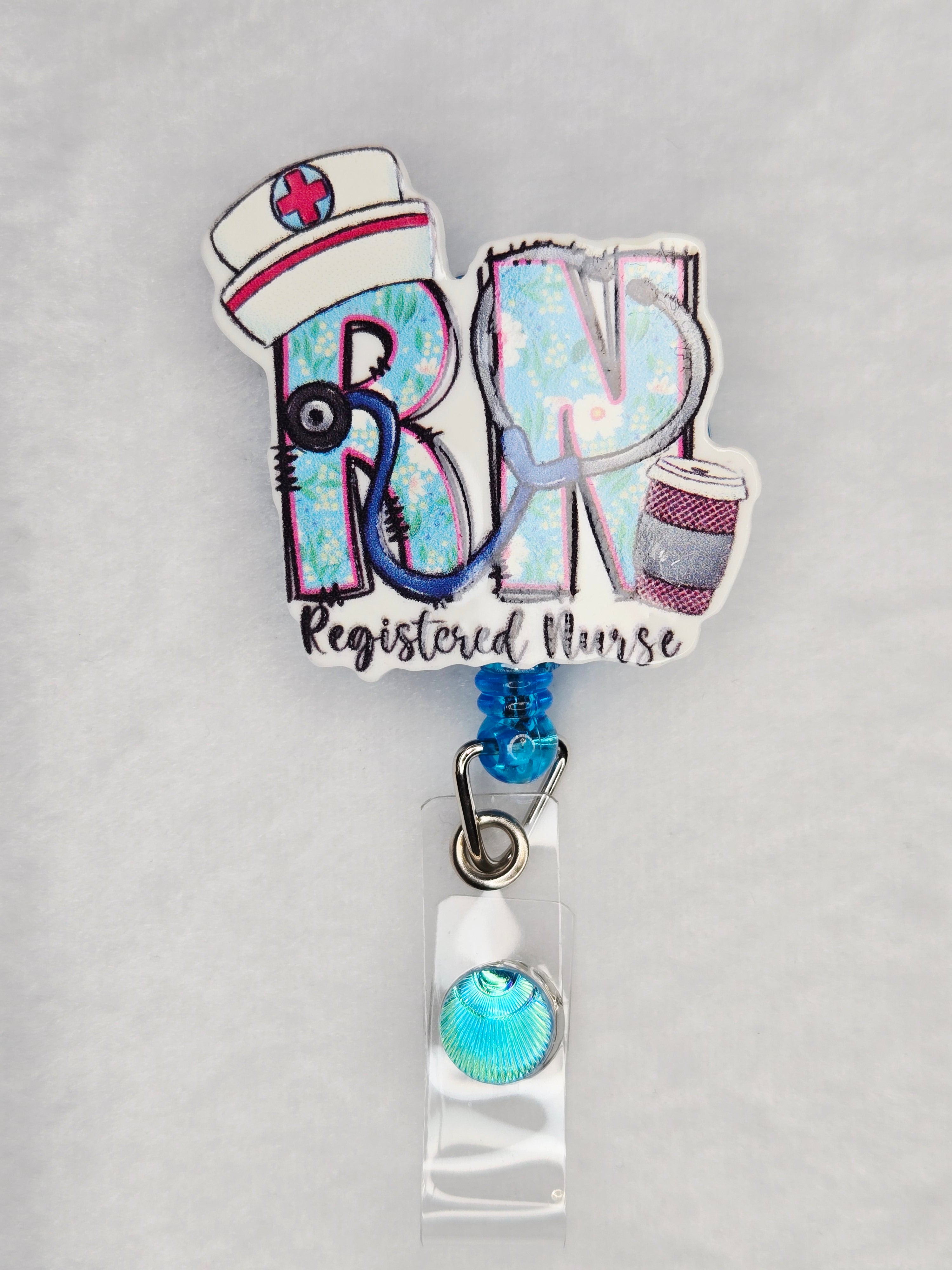 Blue RN Badge Reel, Retractable Registered Nurse ID Holder
