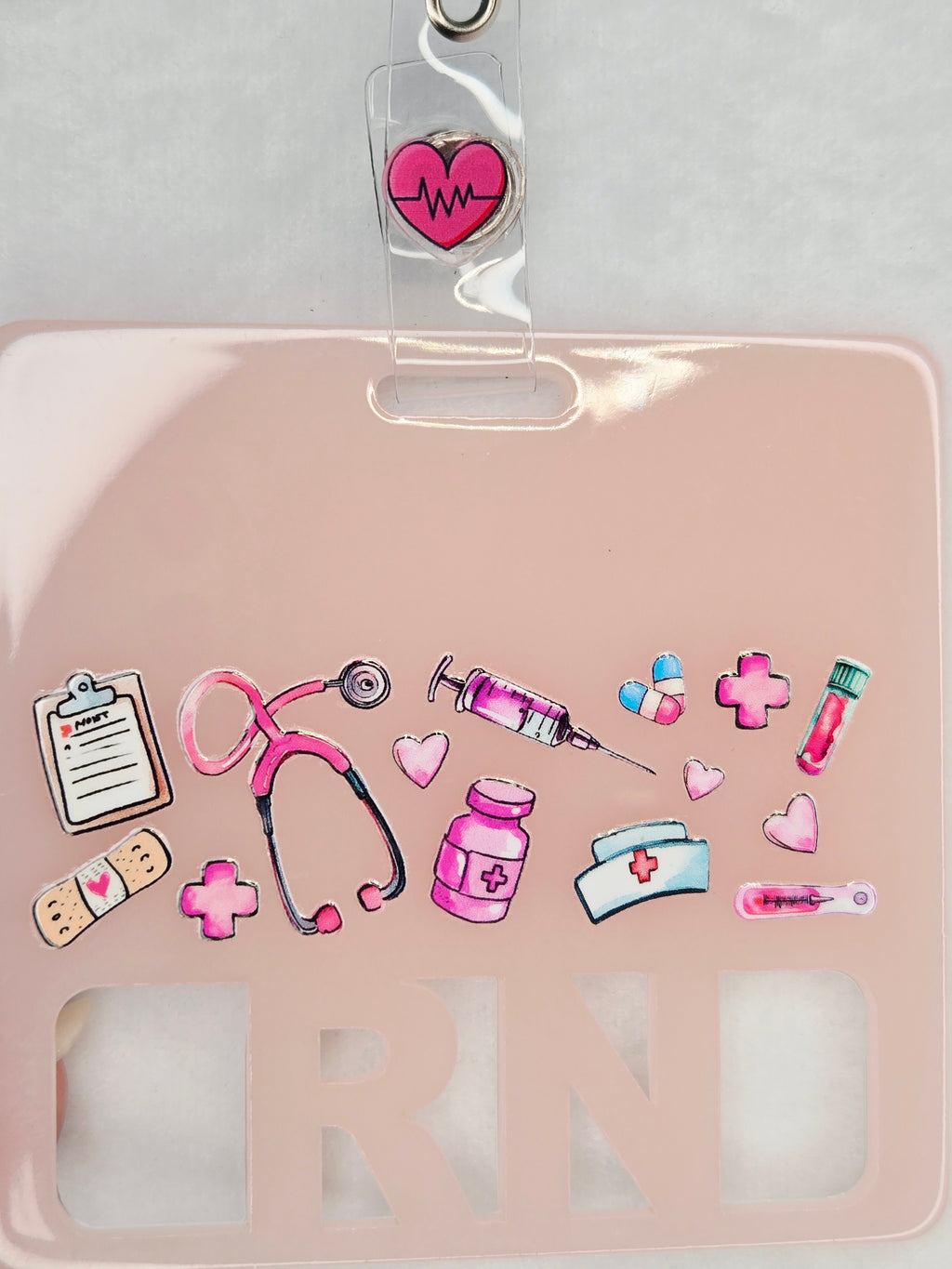 Soft Pink RN Badge Reel | Retractable ID Holder with Scrub Top Focal Piece