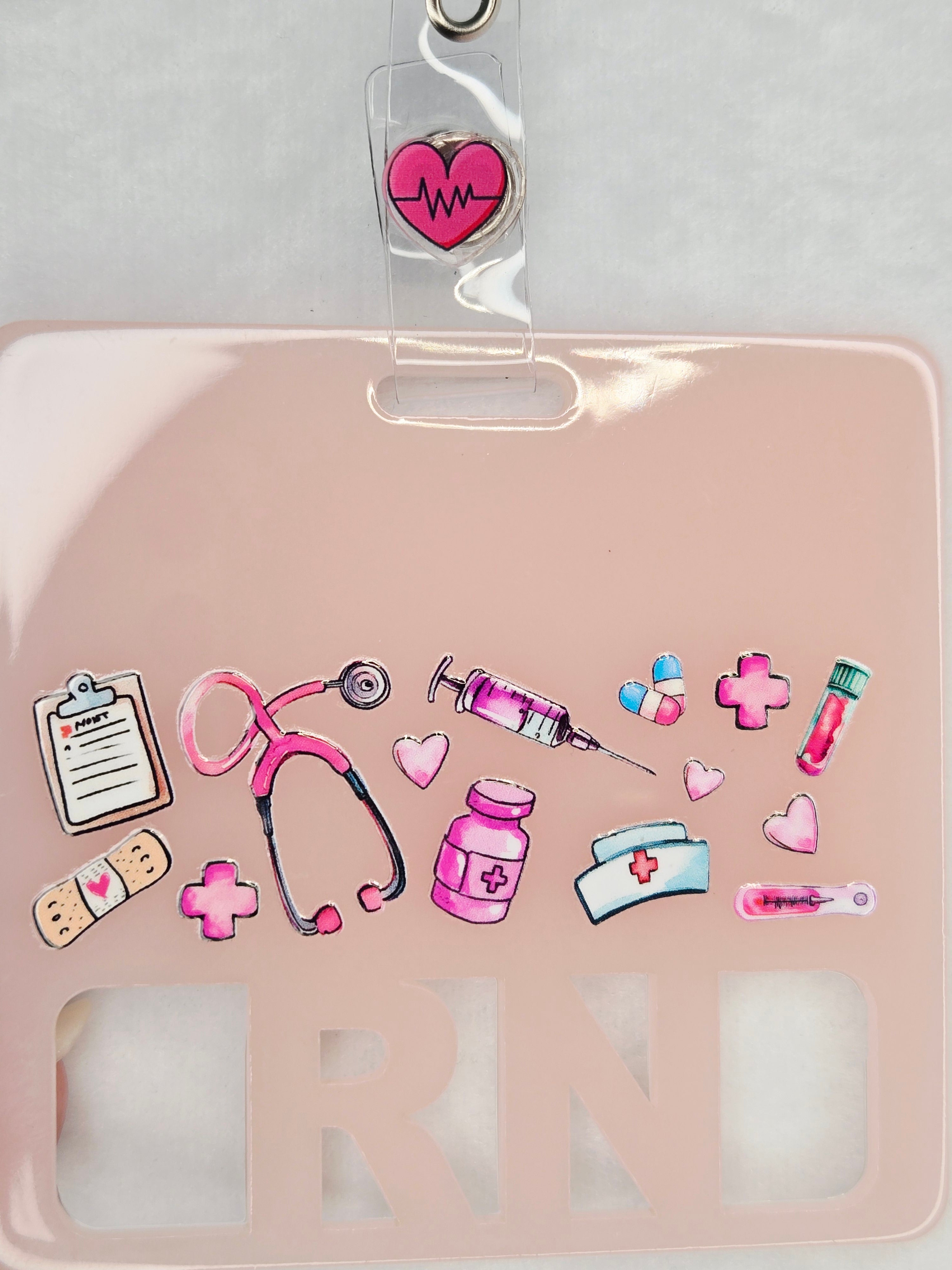 Soft Pink RN Badge Reel | Retractable ID Holder with Scrub Top Focal Piece