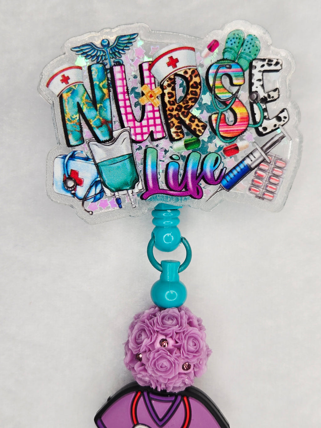 Nurse Life Badge Reel, Purple Glitter & Rainbow Beaded Retractable ID Holder