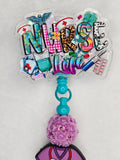 Nurse Life Badge Reel, Purple Glitter & Rainbow Beaded Retractable ID Holder