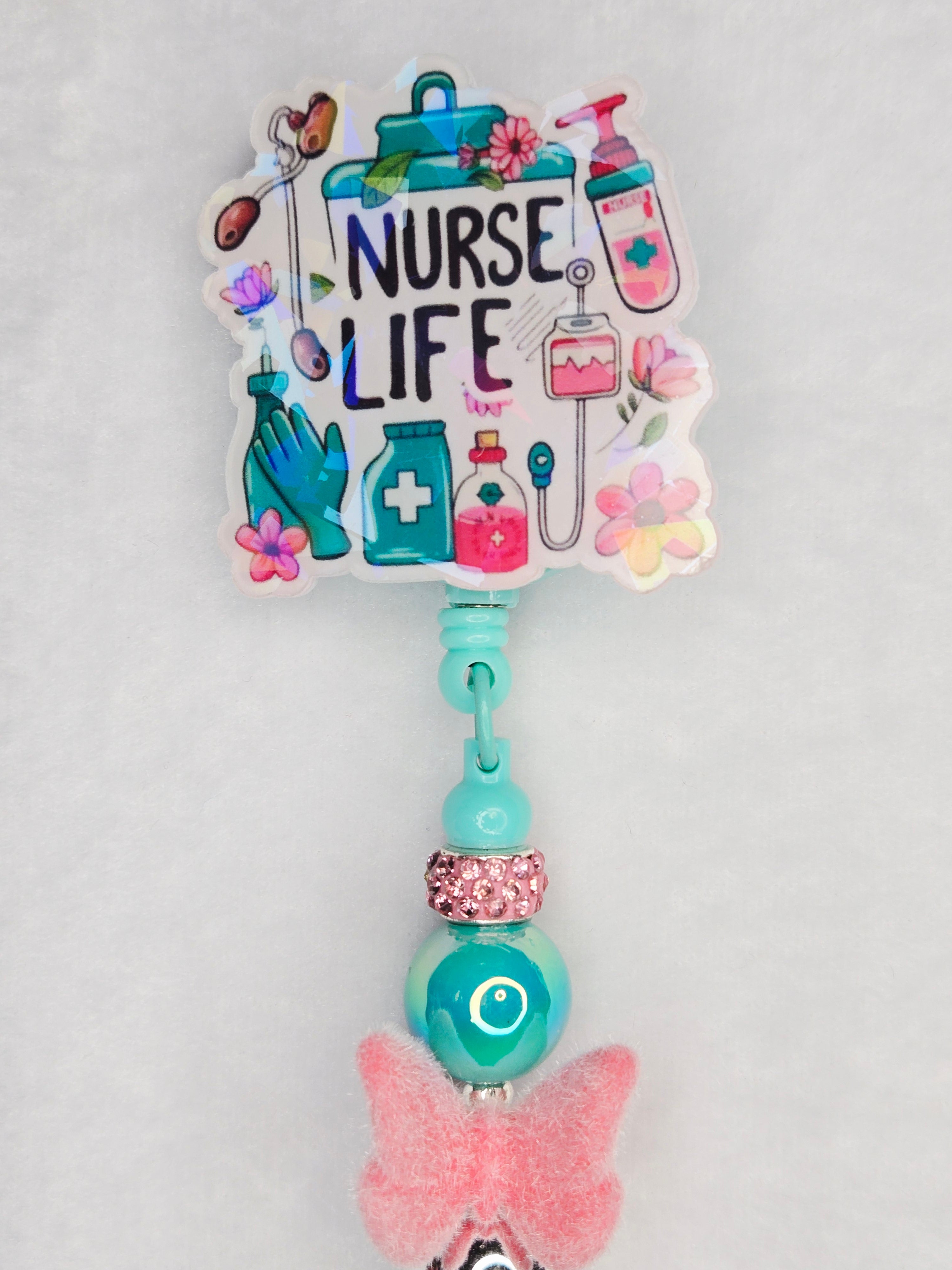 Nurse Life Butterfly Badge Reel, Teal & Pink Retractable Nurse ID Holder
