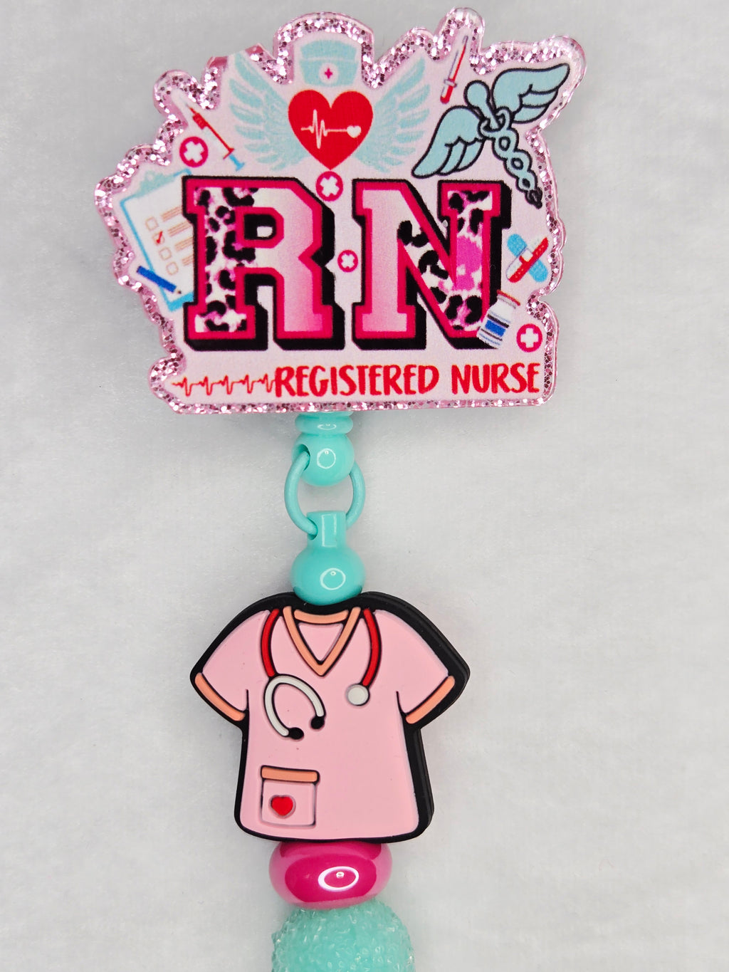 Soft Pink RN Badge Reel | Retractable ID Holder with Scrub Top Focal Piece