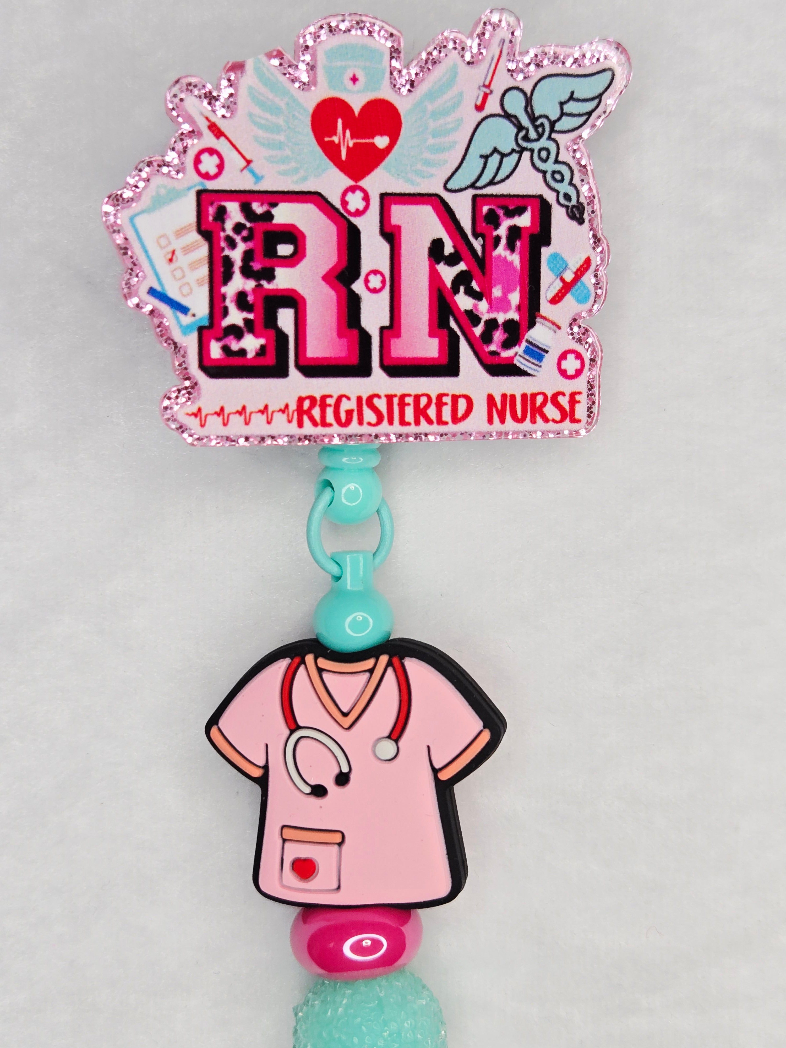 Soft Pink RN Badge Reel | Retractable ID Holder with Scrub Top Focal Piece