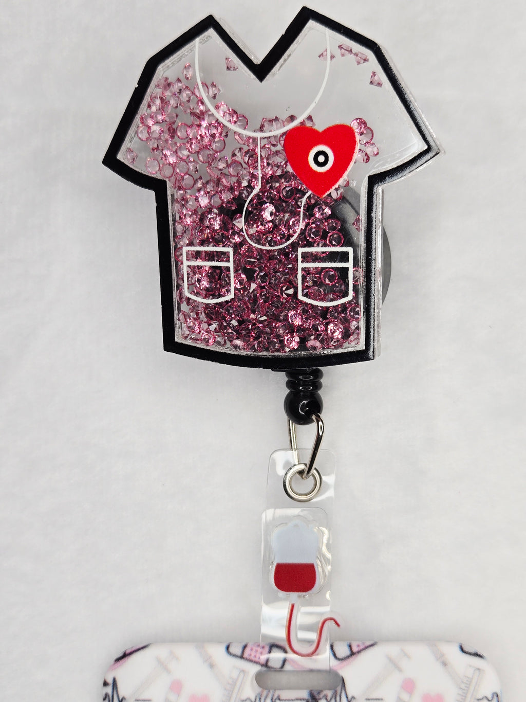 Pink Glitter Scrub Top Shaker Badge Reel,  Retractable ID Holder with Badge Sleeve for Healthcare Workers