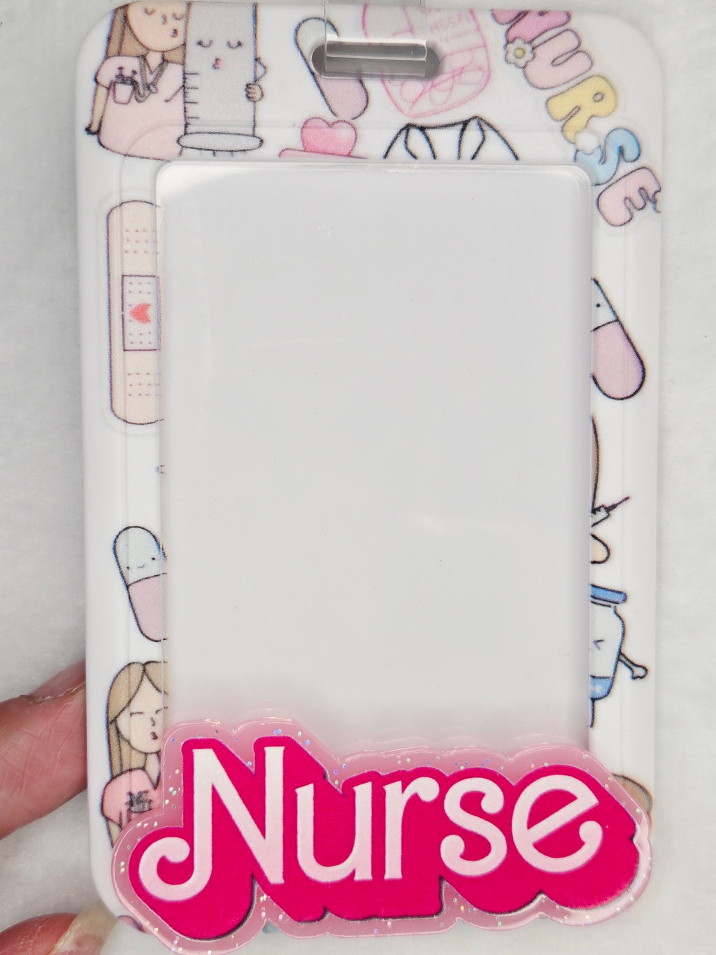 Pink & Blue Shaker Badge Reel with Thermometer Bead, Retractable ID Holder with Plastic Badge Sleeve