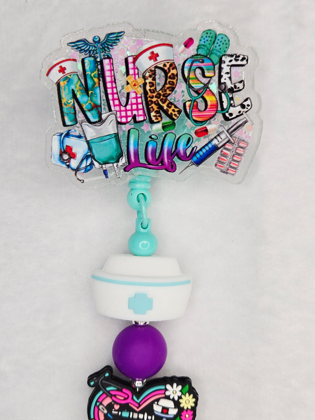 Tiffany Blue Nurse Life Badge Reel, Retractable ID Holder with Nurse Hat, Heart Charm, & Nurse Statement Piece