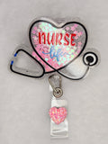 Nurse Life Heart Shaker Badge Reel, Pink, Sparkly, Stethoscope, Retractable Nurse ID Holder