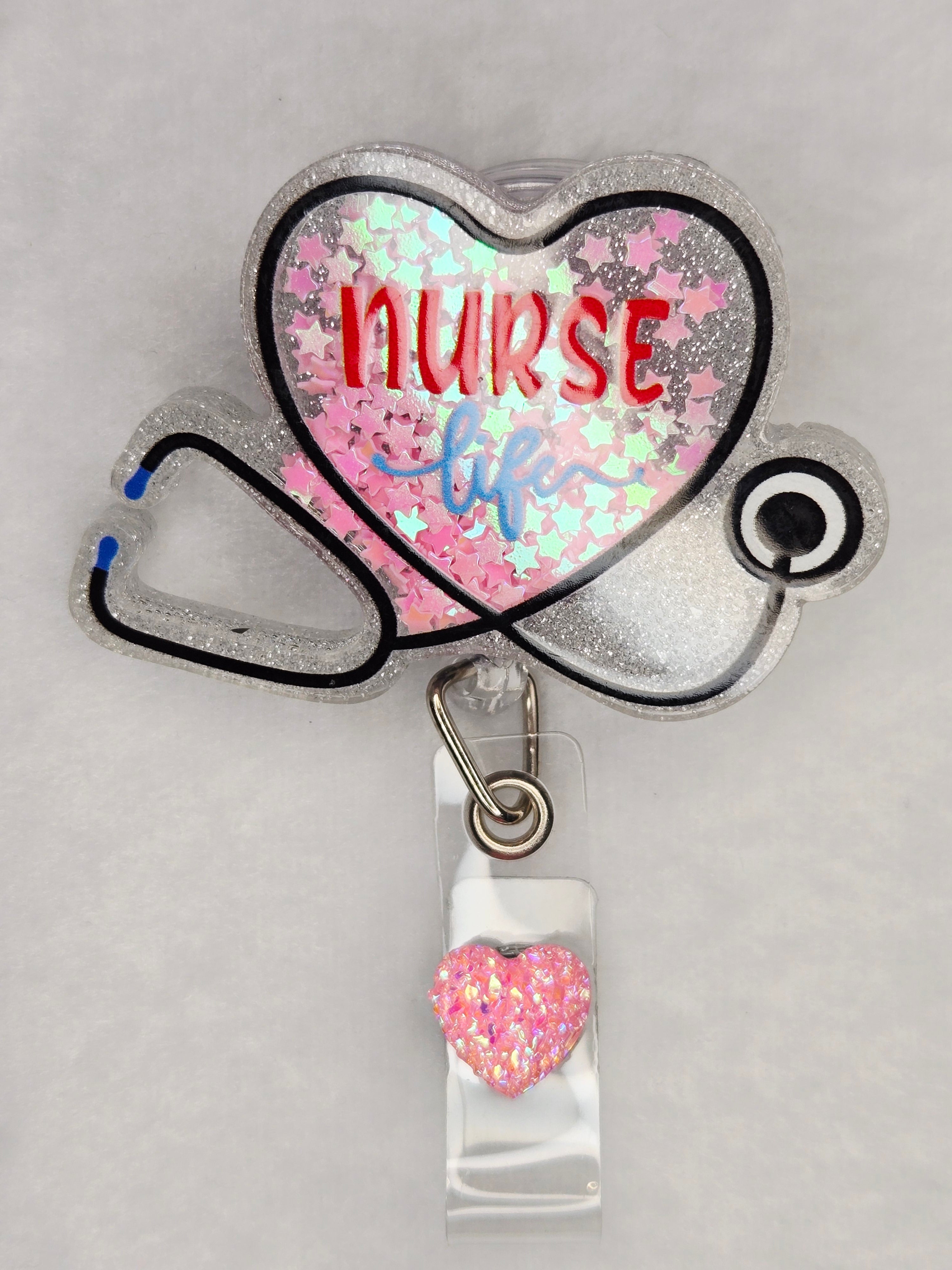 Nurse Life Heart Shaker Badge Reel, Pink, Sparkly, Stethoscope, Retractable Nurse ID Holder