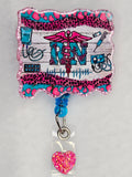 Turquoise & Hot Pink RN Badge Reel, Retractable Registered Nurse ID Holder
