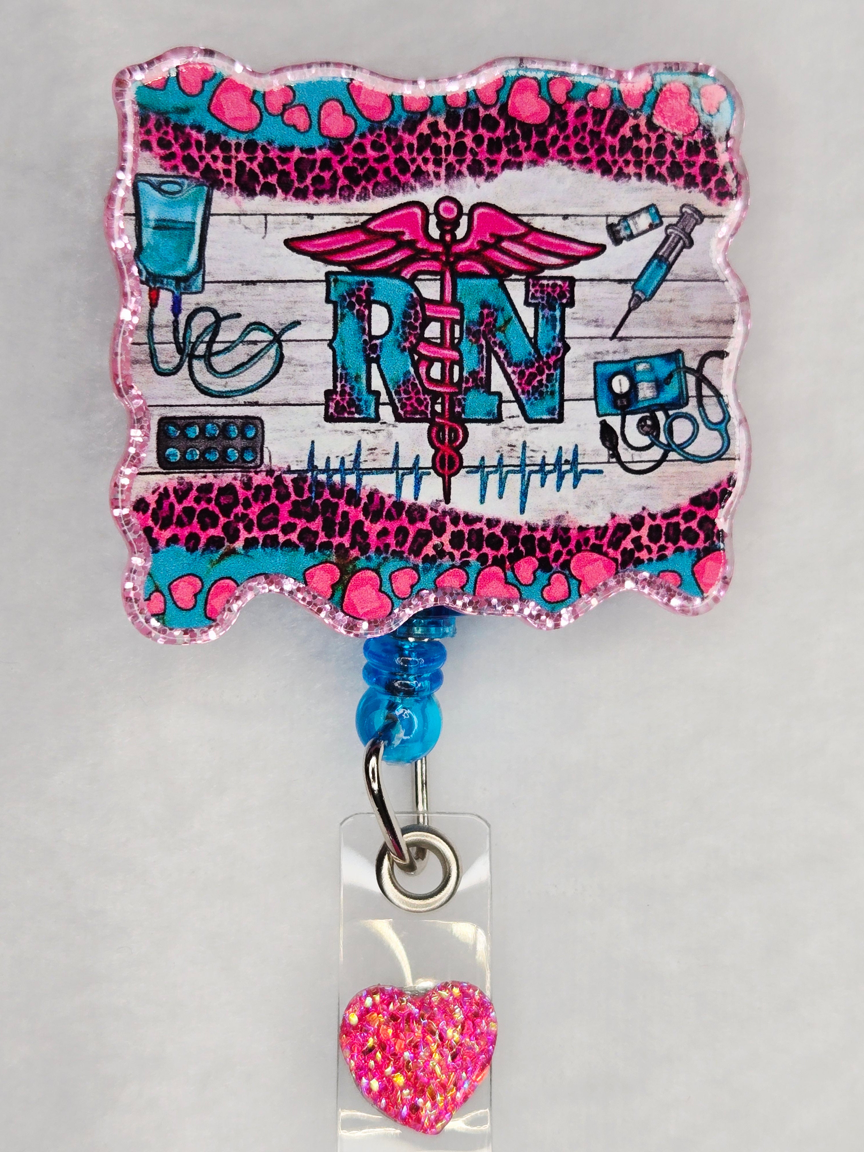Turquoise & Hot Pink RN Badge Reel, Retractable Registered Nurse ID Holder