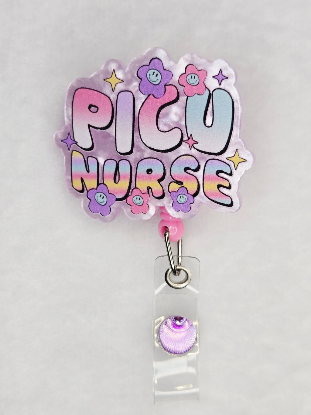 PICU Nurse Badge Reel, Pink and Purple Retractable ID Holder for Pediatric ICU Nurses