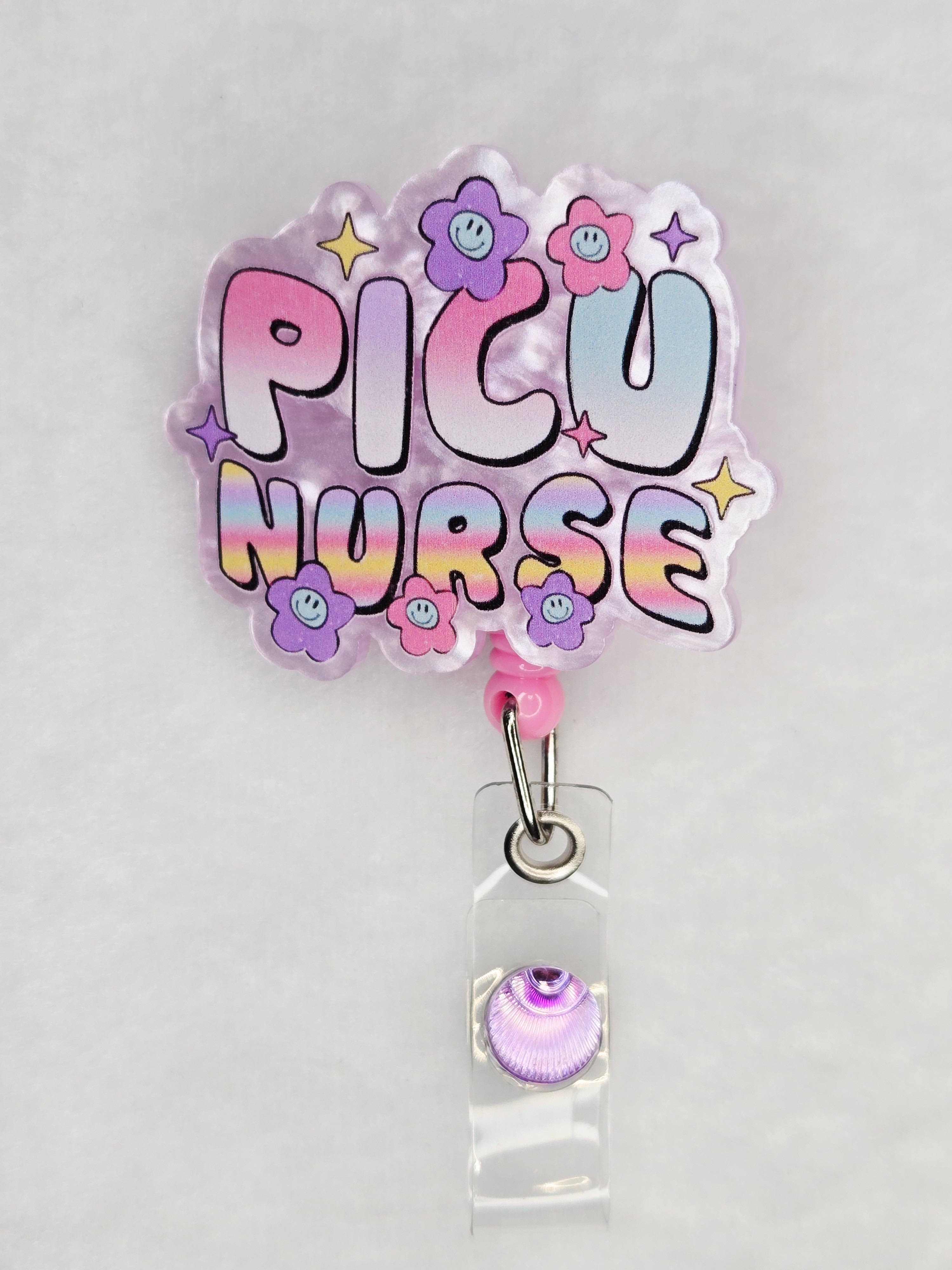 PICU Nurse Badge Reel, Pink and Purple Retractable ID Holder for Pediatric ICU Nurses