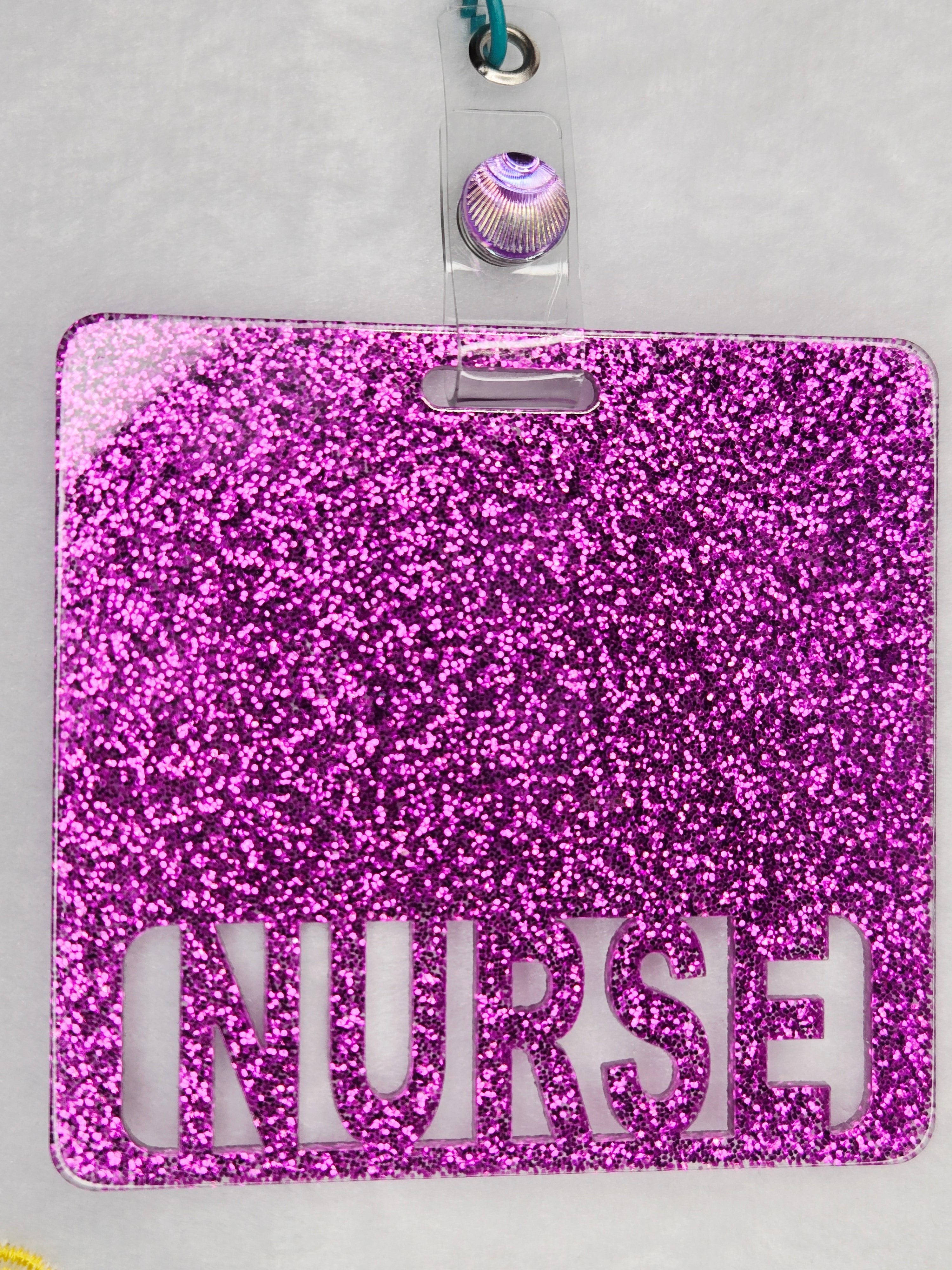 Nurse Life Badge Reel, Purple Glitter & Rainbow Beaded Retractable ID Holder