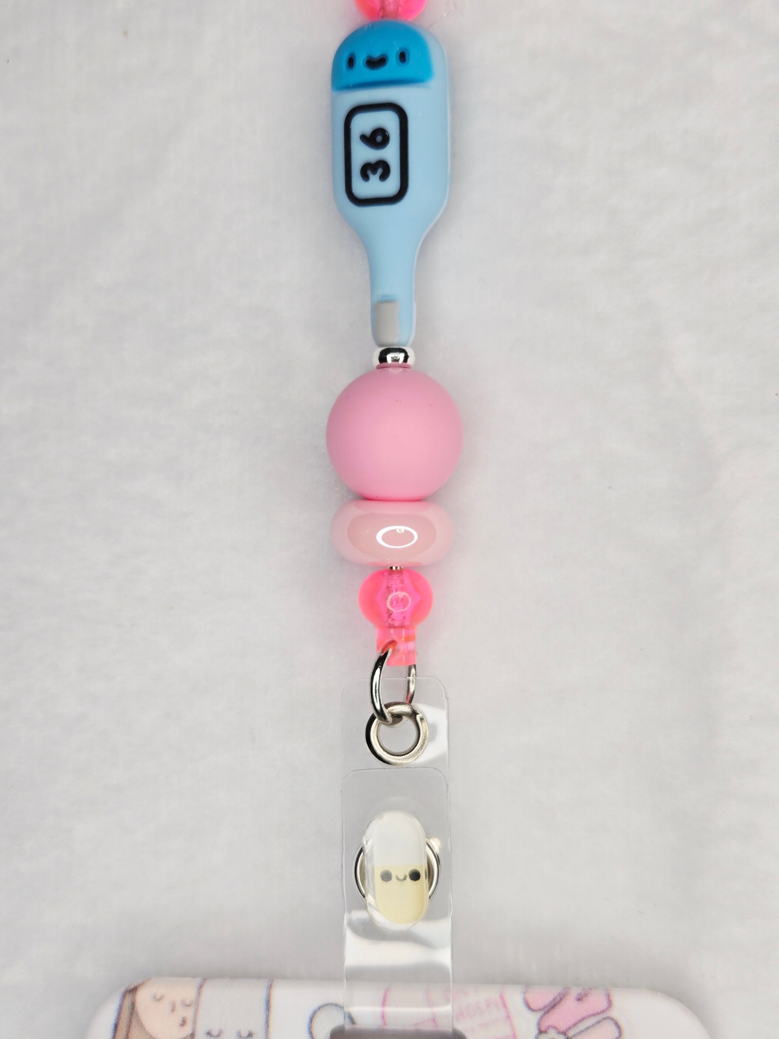 Pink & Blue Shaker Badge Reel with Thermometer Bead, Retractable ID Holder with Plastic Badge Sleeve