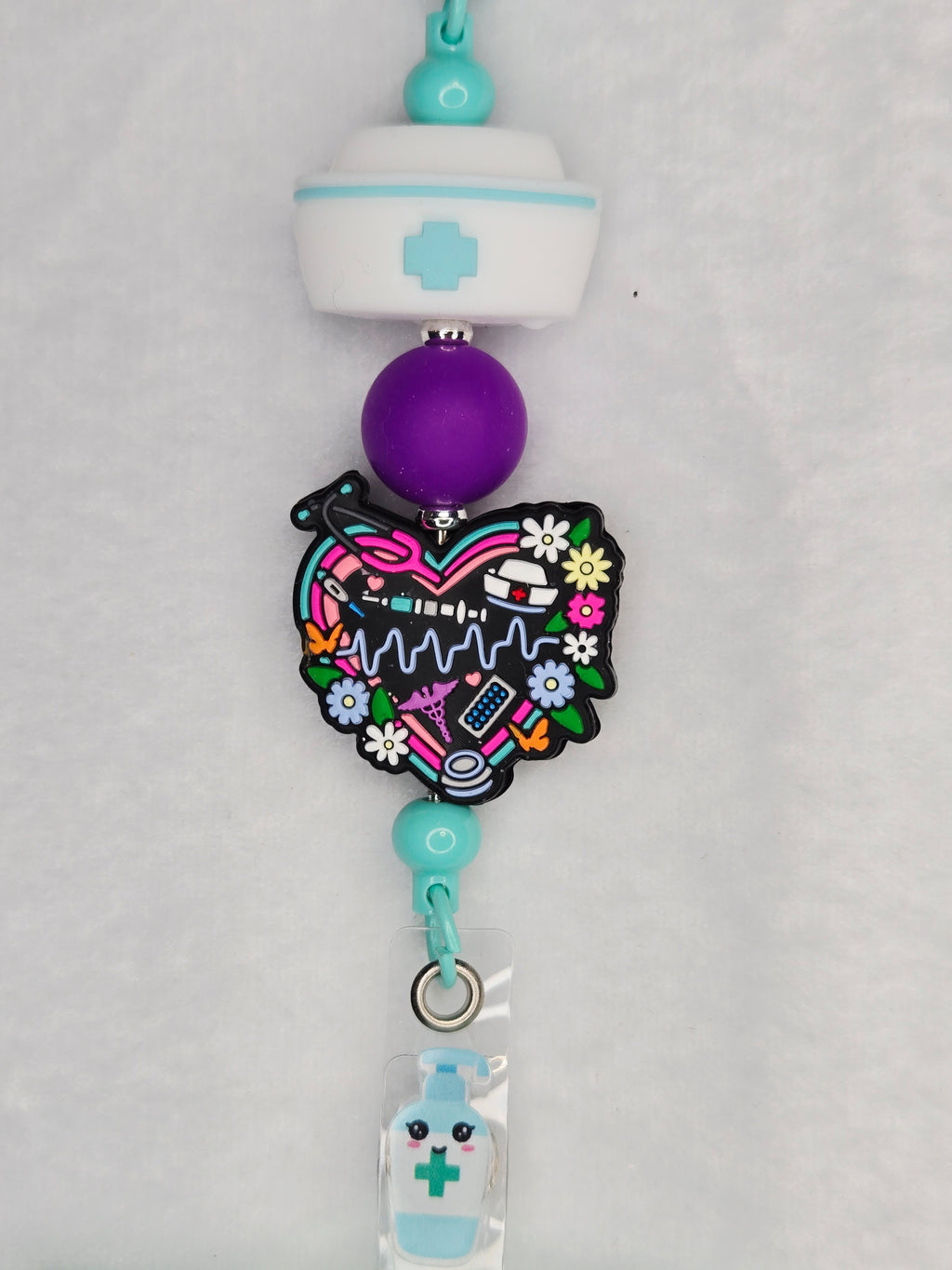 Tiffany Blue Nurse Life Badge Reel, Retractable ID Holder with Nurse Hat, Heart Charm, & Nurse Statement Piece